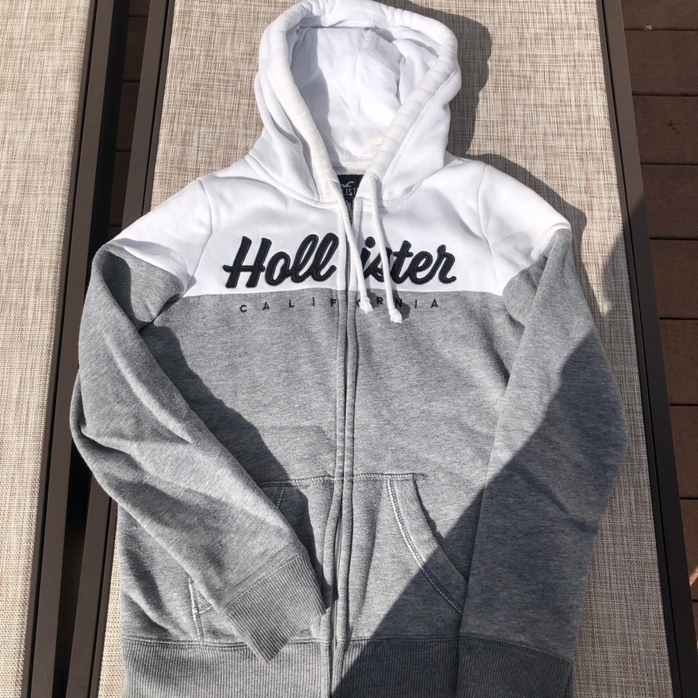 Grey and White Hollister Zip Up Hoodie